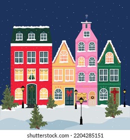 Winter Christmas houses with a bakery, snow lanterns, Christmas trees, Christmas and Christmas fabrics, wrapping paper and decor. Advent calendar .Vector illustration.