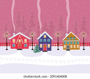 Winter Christmas houses front view of snow-covered buildings. Christmas town city panorama. Merry Christmas and Happy New Year web banner illustration of cute houses in winter season