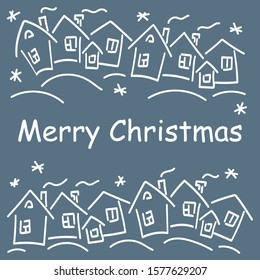 Winter Christmas houses. Merry Christmas text. Vector drawing, white on blue background.