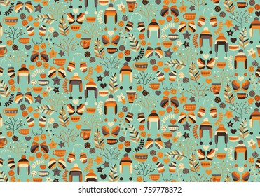 Winter / Christmas / hygge seamless pattern. Xmas background, wallpaper, backdrop with flowers, gloves, hats, tea cups and cookies. Cute cartoon greeting wrapping paper, cards..