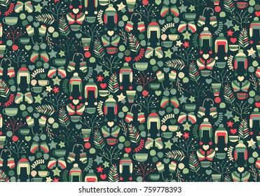 Winter / Christmas / hygge seamless pattern. Xmas background, wallpaper, backdrop with flowers, gloves, hats, tea cups and cookies. Cute cartoon greeting wrapping paper, cards..