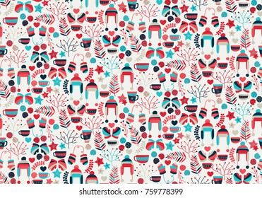 Winter / Christmas / hygge seamless pattern. Xmas background, wallpaper, backdrop with flowers, gloves, hats, tea cups and cookies. Cute cartoon greeting wrapping paper, cards..