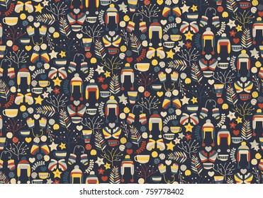 Winter / Christmas / hygge seamless pattern. Xmas background, wallpaper, backdrop with flowers, gloves, hats, tea cups and cookies. Cute cartoon greeting wrapping paper, cards..