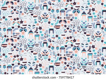 Winter / Christmas / hygge seamless pattern. Xmas background, wallpaper, backdrop with flowers, gloves, hats, tea cups and cookies. Cute cartoon greeting wrapping paper, cards..