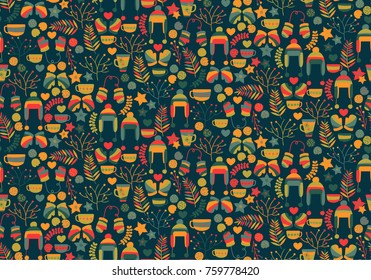 Winter / Christmas / hygge seamless pattern. Xmas background, wallpaper, backdrop with flowers, gloves, hats, tea cups and cookies. Cute cartoon greeting wrapping paper, cards..