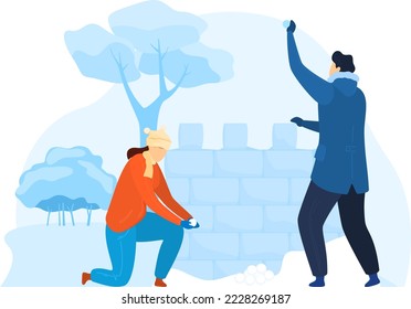 Winter christmas ice fortress snowballs outdoor people. Christmas winter playing snowballs outdoors, active season cartoon style vector illustration isolated on white