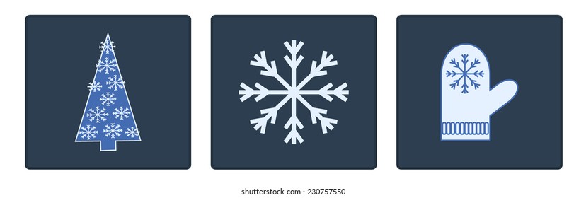 Winter Christmas icons flat. Christmas tree, snowflake, mitten
