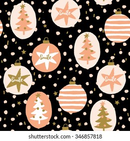 Winter Christmas illustration with decoration, snow, tree, stars and message Smile. Vector seamless pattern on the black background. Blush pink, gold and black colors.
