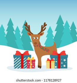 Winter christmas illustration. Funny deer with gift colored boxes. Christmas and New Year design greeting cards.