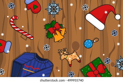 Winter Christmas illustration. New Year icons.Winter icons on wooden background.Hat,sweater and gloves.Vector illustration.Vector horizontal illustration.