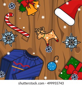Winter Christmas illustration. New Year icons.Winter icons on wooden background.Hat,sweater and gloves.Vector illustration.