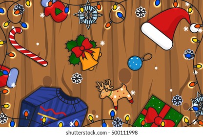 Winter Christmas illustration. New Year icons.Winter icons on wooden background.Hat,sweater and gloves.Vector illustration.