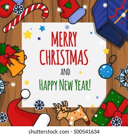 Winter Christmas illustration. New Year icons.Winter icons on wooden background.Hat,sweater and gloves.Gifts and New Year ornamentation.
Vector illustration.