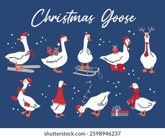 Winter Christmas illustration set with white geese, Christmas design on blue background .Vector illustration
