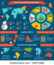 Winter and christmas infographic set with sports symbols and world map vector illustration