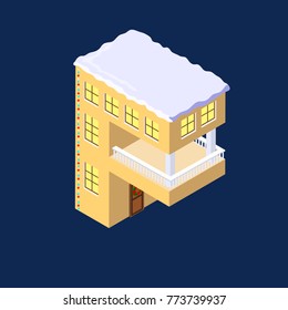 Winter christmas Isometric vector letter f yellow on blue winter christmas house in shape of lettrer f cozy house letters new year alphabet isometric font with snow on roof isometric houses letter f
