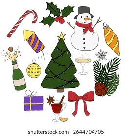 Winter Weihnachtsartikel bunte Runde Zusammensetzung Logotyp. Vektorgrafik mit Linien-Freihandgrafik. Banner, Poster, Umschlagpapier, Aufkleber, Print, modernes Textildesign.
