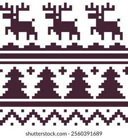 Winter Christmas knitted ornament, carpet abstract pattern pixel art style seamless background, fashion trend fabric textures, vector illustration. Design greeting card, web and mobile app.