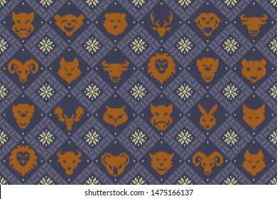 Winter Christmas knitted woolen seamless pattern with wild animals
