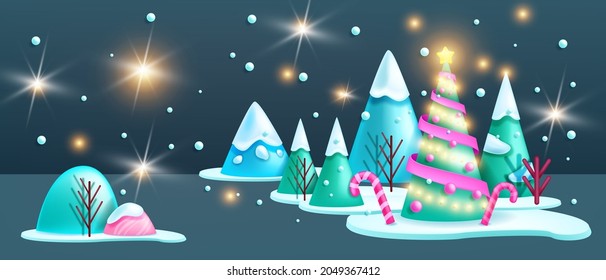 Paisaje navideño invernal, noche vectorial 3D de vacaciones de fondo abstracto de bosque, escena X-mas, pino. Año Nuevo Diciembre vista mínima fría, montaña, deriva de nieve blanca, caña de caramelos. paisaje navideño