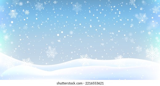 winter christmas landscape background decoration with falling beautiful shining snow, snowy hills