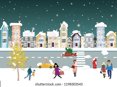 Winter Christmas  landscape background with urban buildings.City street with buildings cartoon Christmas houses,church,shops and tower.Covered with snow,falling snowflake.People shopping and  happy.