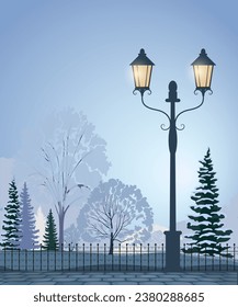 Winter christmas landscape with city park, trees, street lantern. Vector illustration.