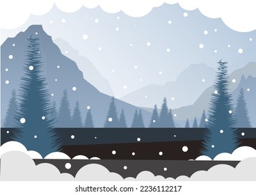 Winter Christmas landscape with falling snow in blue mountains and forest