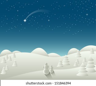 Winter Christmas landscape with falling star