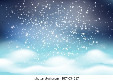 Paisaje navideño invernal Caída en nieve blanca sobre un fondo de nevadas blanquecinas y un cielo helado oscuro. Viento y nieve con niebla.