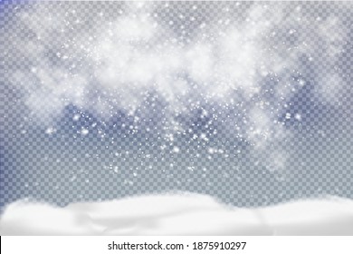 Winter Christmas landscape Falling white snow on a background of white fluffy snowdrifts and a dark frosty sky.Wind and snow with fog.
