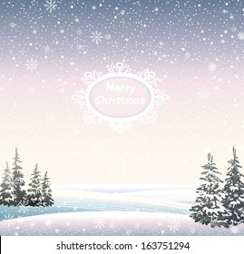 Winter Christmas landscape with forest and snowfall.