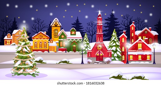 Winter Christmas Landscape With Holiday Town, Snow, Houses, Night Sky, Stars,decorated Pine. X-mas Noel Background With Small Village Street, Church, Forest Silhouette.Christmas Houses Vector Postcard