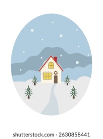 Winter and christmas landscape with a house. Country house in winter. Vector colored icon, card. Oval image in flat style. 