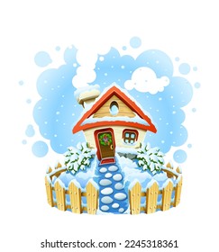 Winter christmas landscape with house in snow. Vector illustration