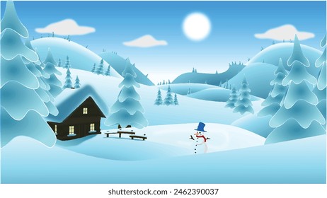 Winter Christmas landscape with house, snow and snowflakes