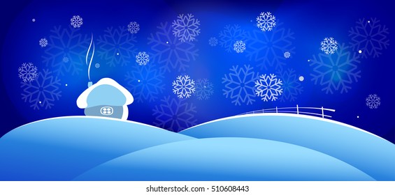 Winter Christmas landscape with house, snow and snowflakes