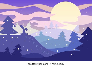 winter Christmas landscape with moon, snow with Christmas trees and a hare