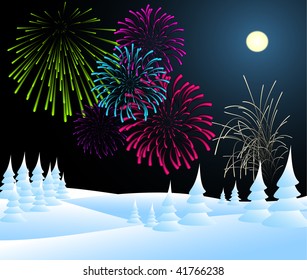 Winter christmas landscape in night with fireworks