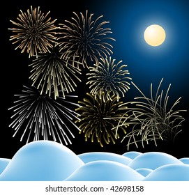 Winter christmas landscape in night with fireworks (vector)