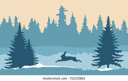 Winter christmas landscape with running rabbit