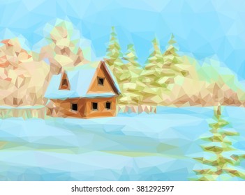 Winter Christmas Landscape, Rustic House on Snowy Forest Edge, Low Poly. Vector