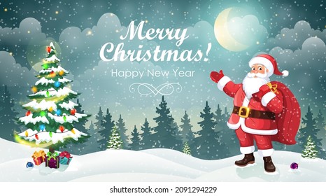 Winter Christmas landscape. Santa with a bag of gifts near the Christmas tree on the background of a snowy forest and the moon. Winter Christmas scene vector illustration 