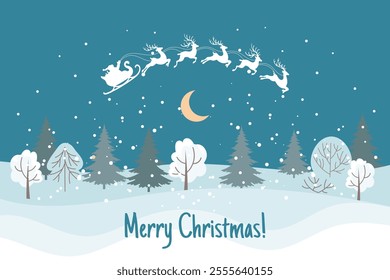 Winter Christmas landscape. Santa on sleigh with reindeer in sky with moon, winter landscape. Illustration	
