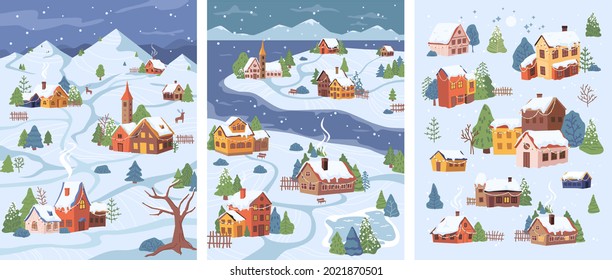 Winter Christmas landscape set, flat cartoon design illustration. Vector city and village, river and mountains, composition with houses and trees. Cottages, lake and fur trees, chimney pipes