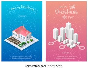Winter Christmas landscape snow covered futuristic isometric city from smart business technology, digital modern concept background holiday