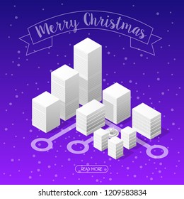 Winter Christmas landscape snow covered futuristic isometric city from smart business technology, digital modern concept background holiday
