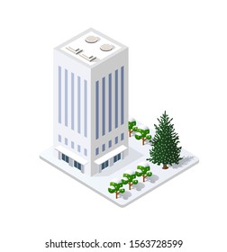 Winter Christmas landscape snow covered the futuristic isometric city from smart business technology, digital modern concept background holiday