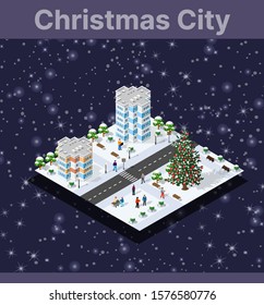 Winter Christmas landscape snow covered the futuristic isometric city from buildings and street constructions business technology, digital modern concept background holiday