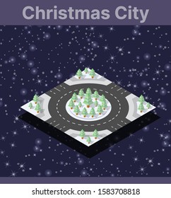 Winter Christmas landscape snow covered the futuristic isometric city from street constructions business technology, digital modern concept background holiday